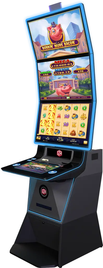 A tall slot machine called Bankin More Bacon, showcasing cutting-edge casino gaming technology with its cartoon pig mascot, multiple colorful screens displaying game symbols, and a black base accented by neon blue edges.