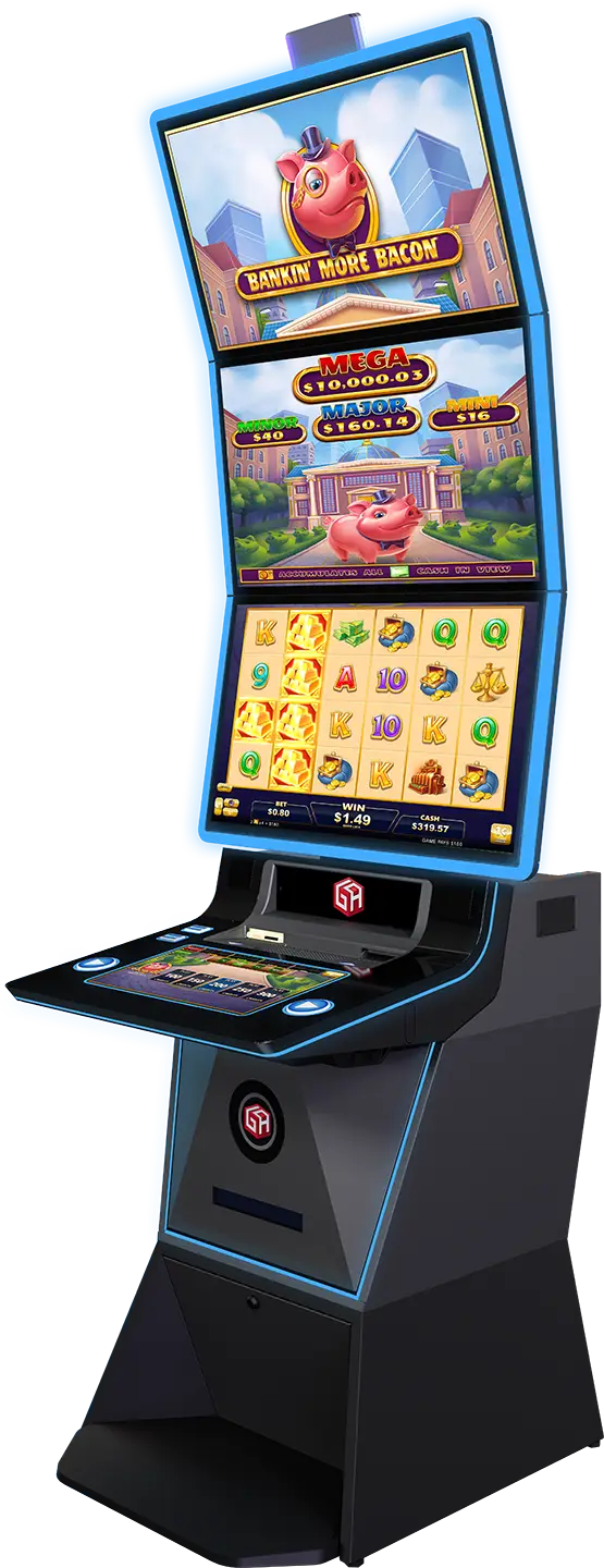 A tall slot machine called Bankin More Bacon, showcasing cutting-edge casino gaming technology with its cartoon pig mascot, multiple colorful screens displaying game symbols, and a black base accented by neon blue edges.