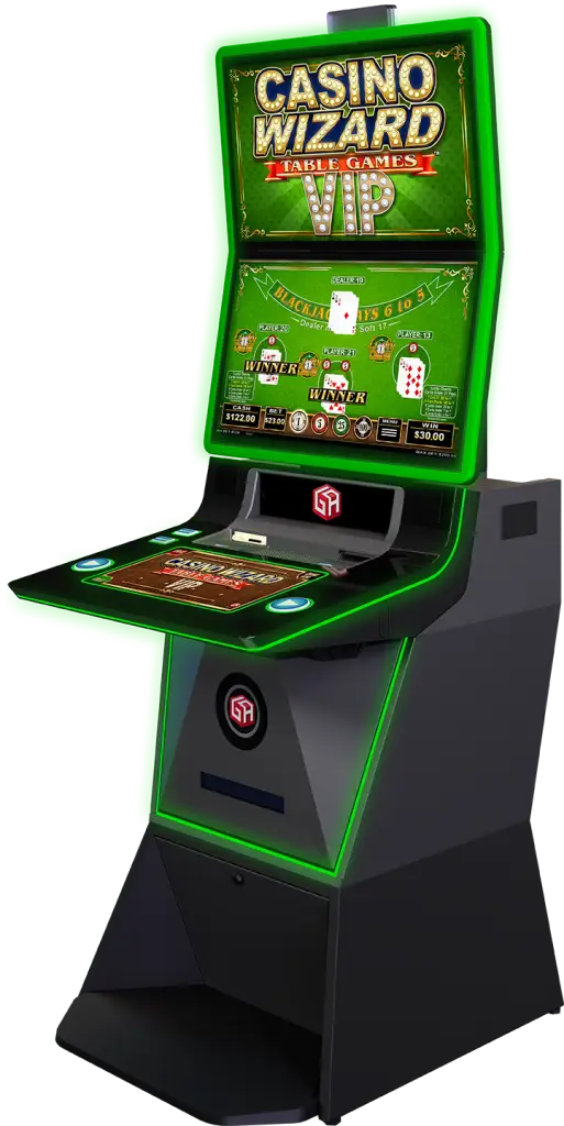 A modern casino gaming machine with green neon lights, displaying the Casino Wizard Table Games VIP screen, showcases advanced casino gaming technology with playing cards and game options on its digital monitor and control panel.