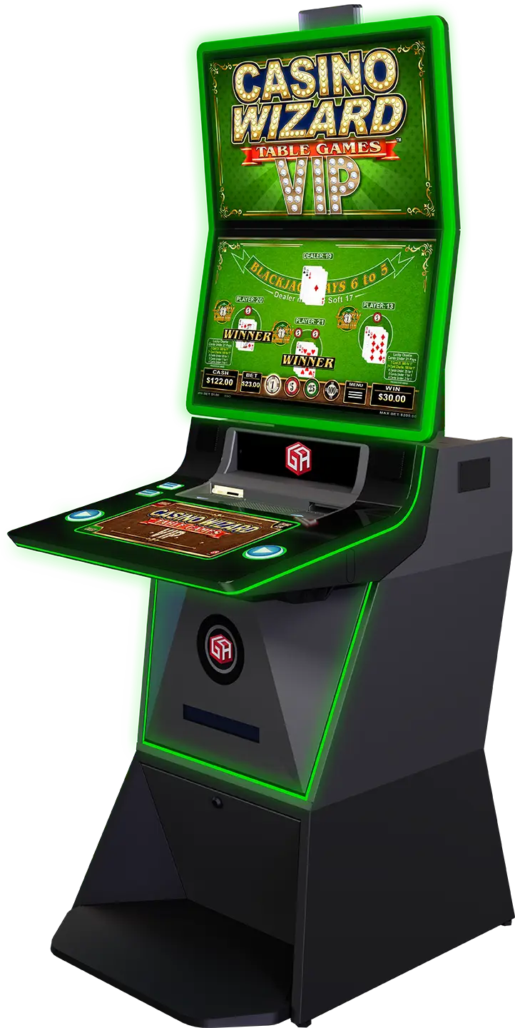 A modern casino gaming machine with green neon lights, displaying the Casino Wizard Table Games VIP screen, showcases advanced casino gaming technology with playing cards and game options on its digital monitor and control panel.
