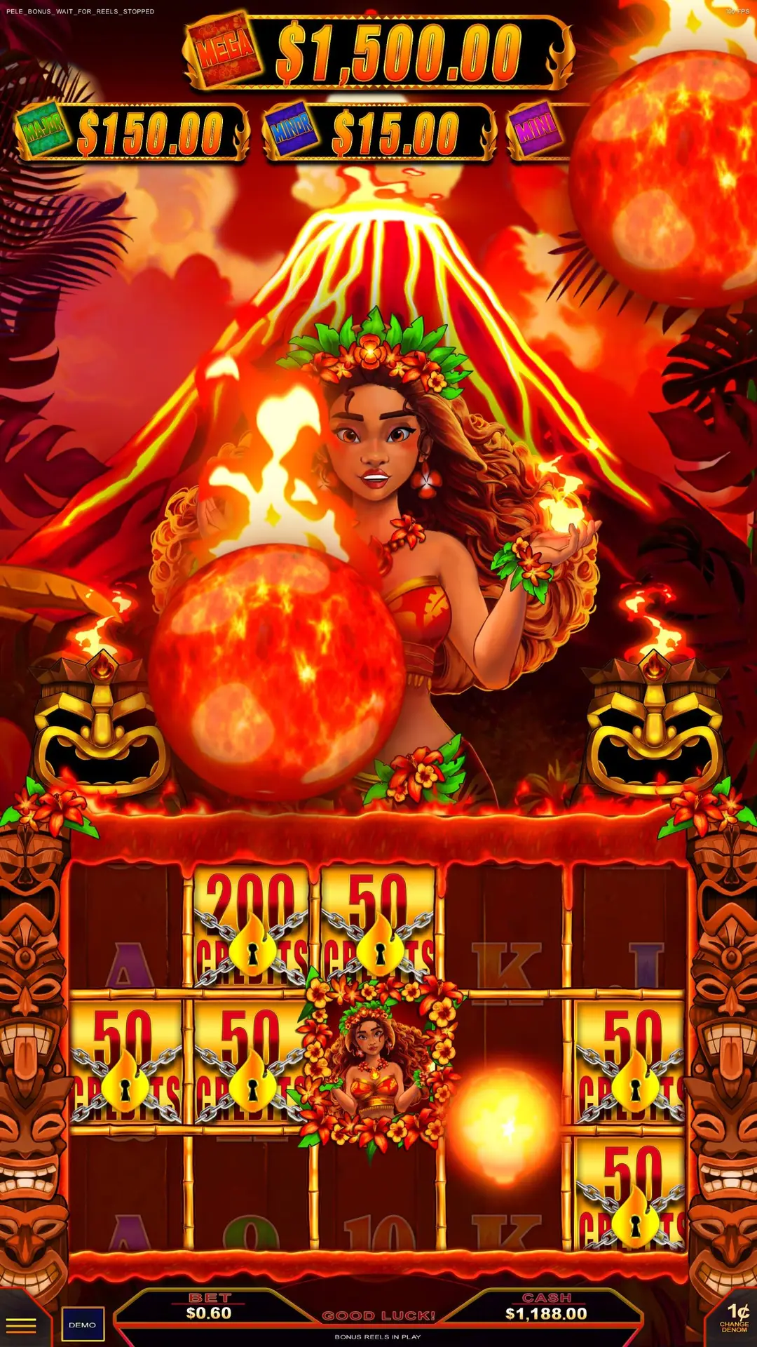 A fiery slot machine game screen features a woman with flaming hair, fireballs, and tropical motifs inspired by the excitement of Lava Lock. The reels display coins, numbers, and island-themed decorations, while jackpot amounts burn brightly at the top.