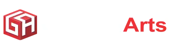 Gaming Arts logo with a red hexagon containing the letters GA and the words GamingArts beside it, Gaming in light gray and Arts in red on a light background.