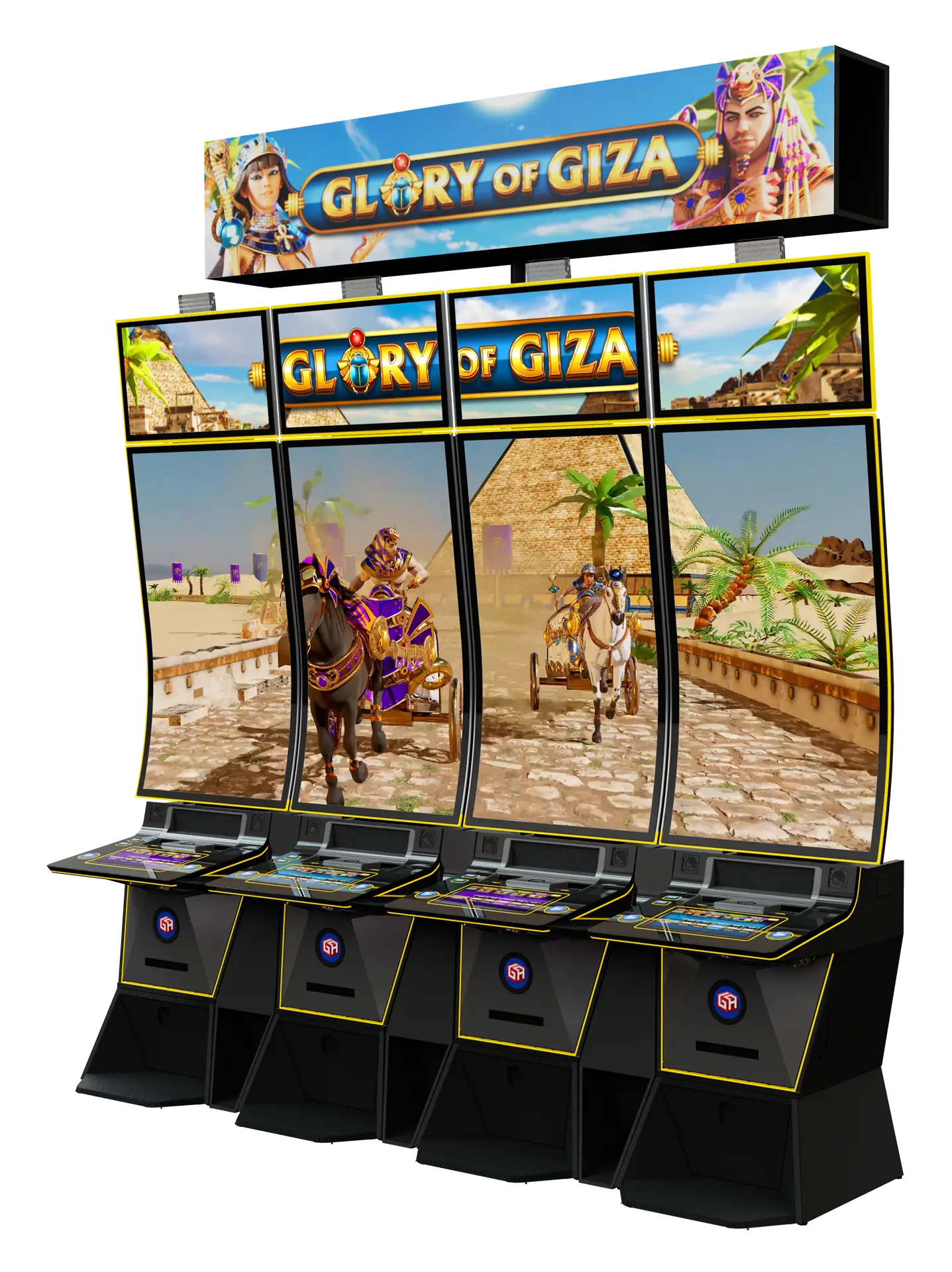 Four side-by-side slot machines display Glory of Giza, an Egyptian-themed game featuring chariots, pyramids, and palm trees on their large curved screens.