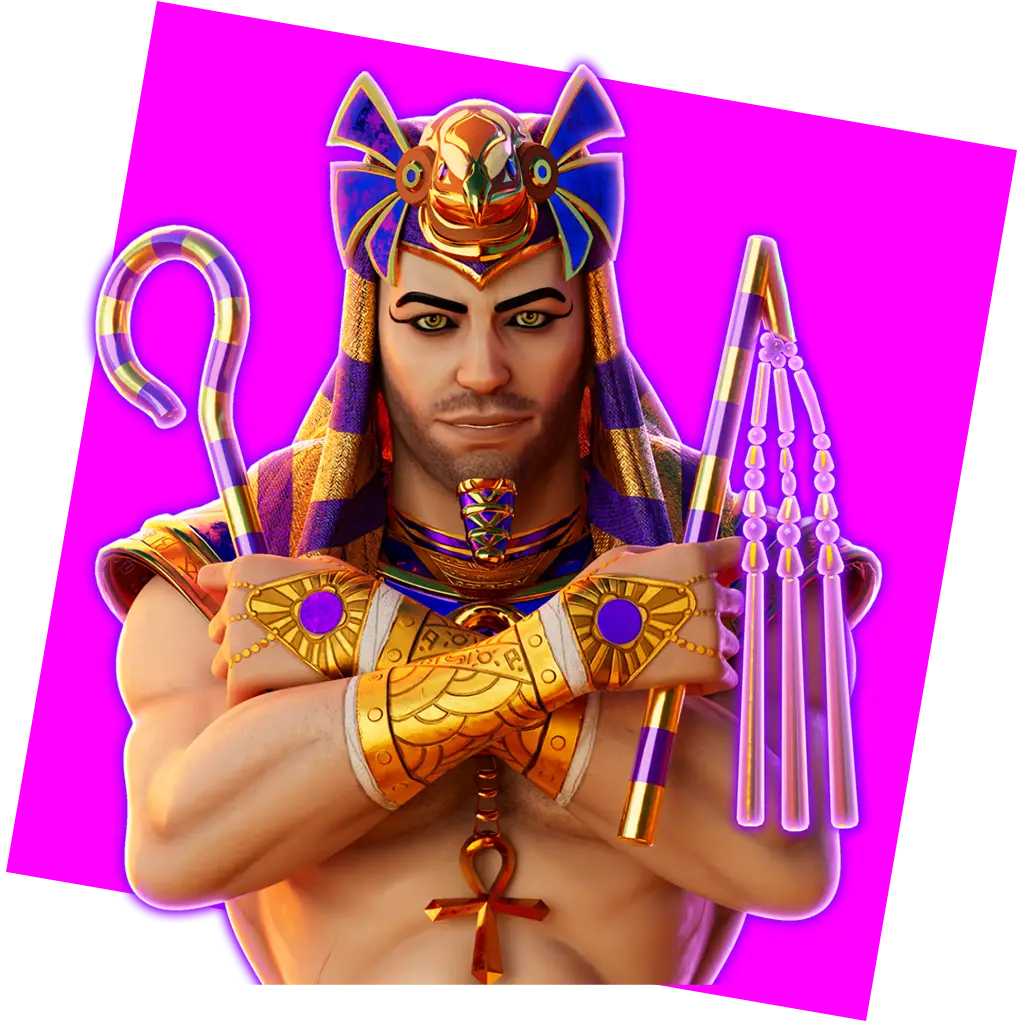 A muscular man dressed as an Egyptian pharaoh with a striped headdress holds a crook and flail, arms crossed over his chest, against a bright pink background—reminiscent of the iconic imagery often found in casino slot games.