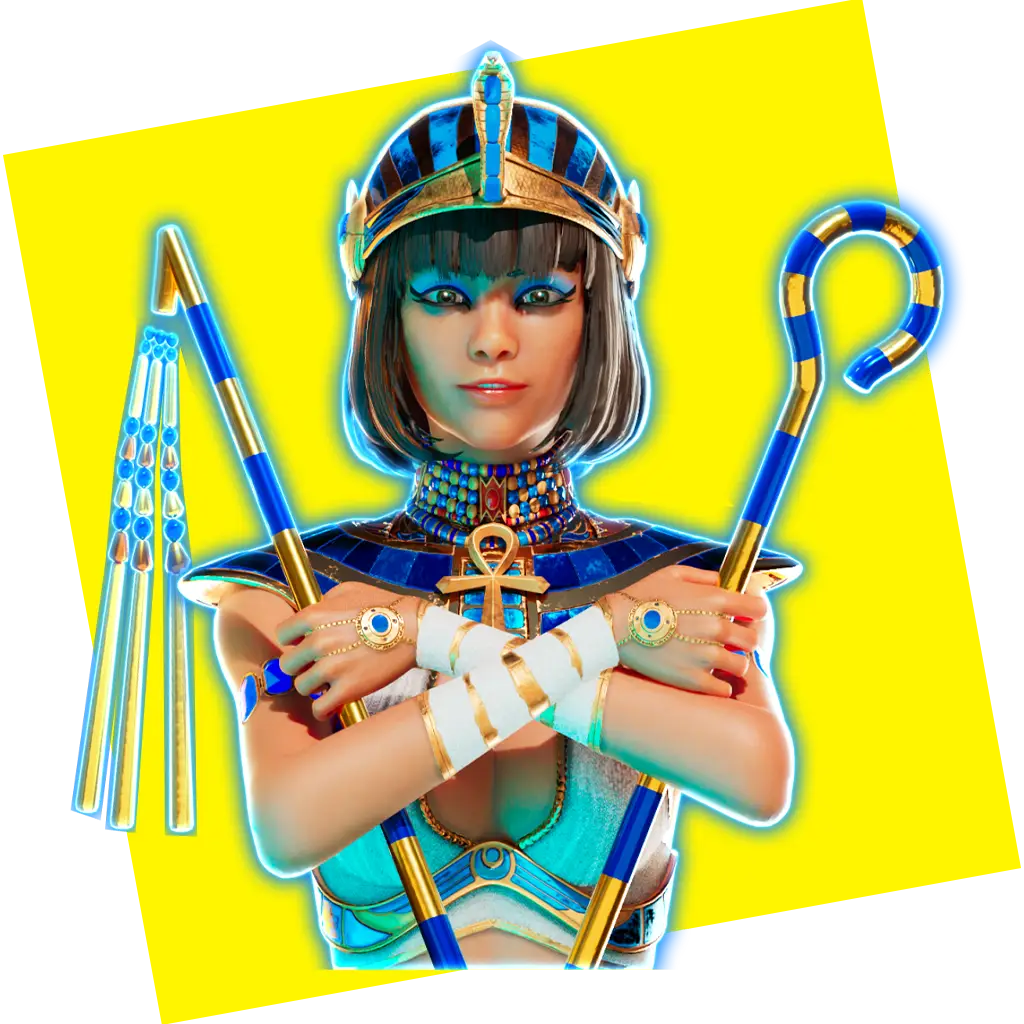 A woman in Egyptian-inspired attire poses with arms crossed, holding a staff and flail, evoking the captivating allure of casino slot games. She wears a blue and gold headdress, jewelry, and an ankh necklace against a bright yellow background.