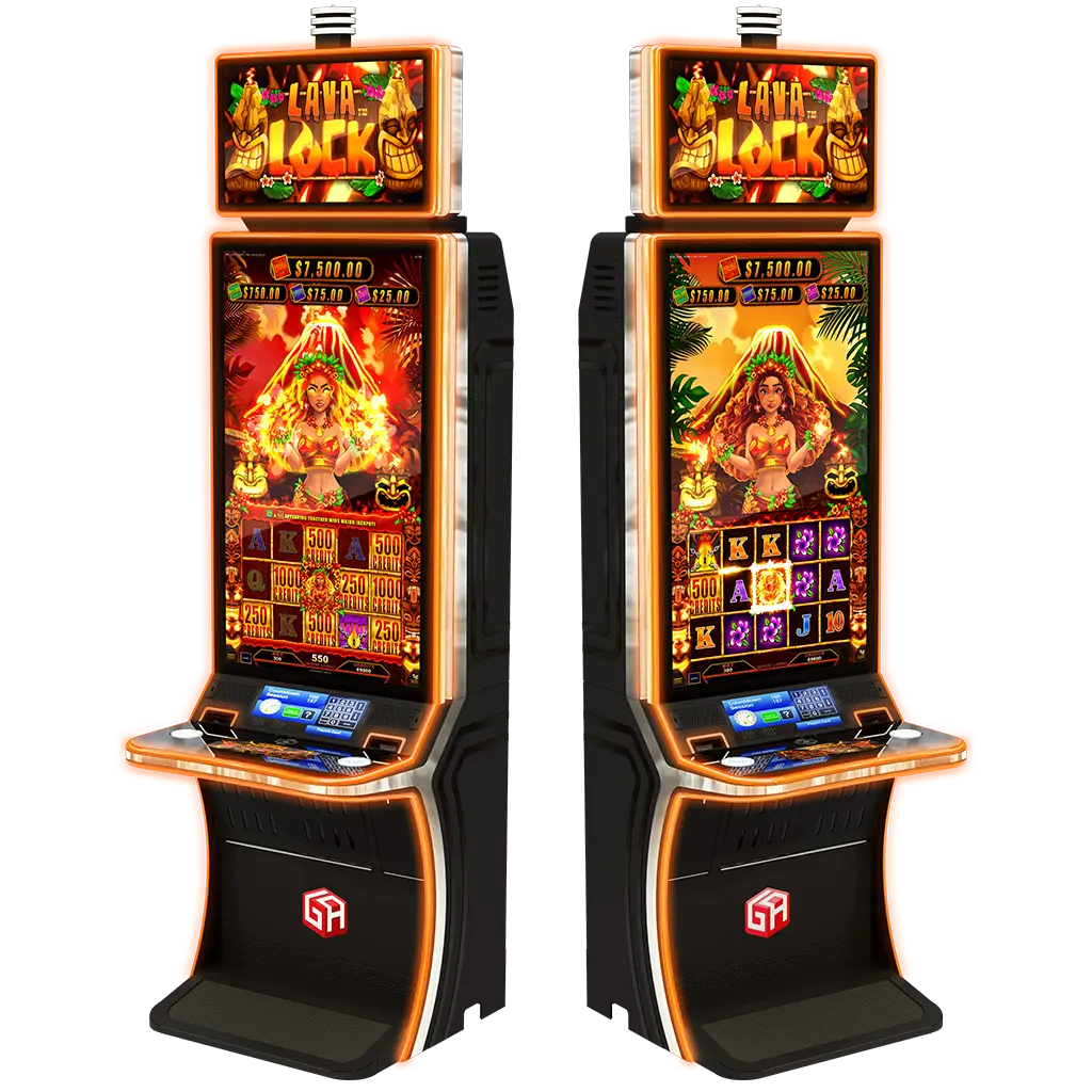 Two brightly lit slot machines with striking Lava Lock graphics, featuring a fiery volcano, a woman in a red dress, tropical symbols, and colorful buttons on a sleek black and orange Lava Lock cabinet.