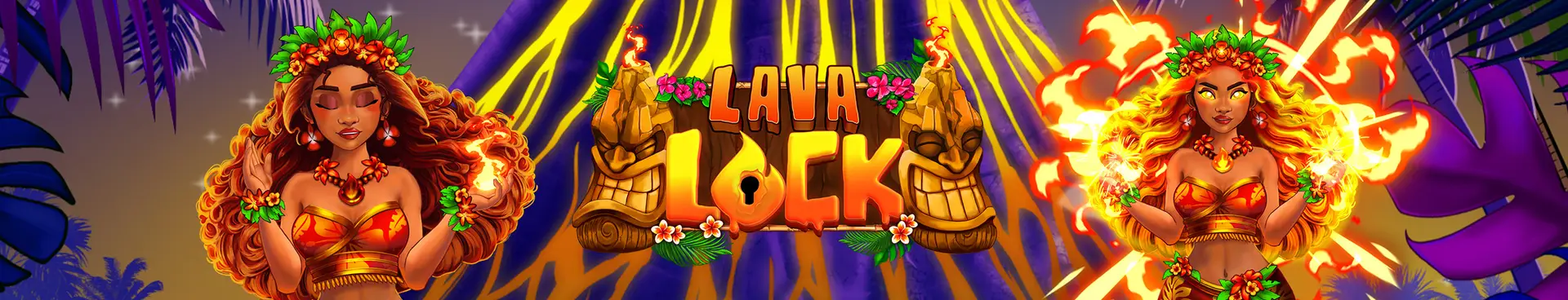 Two women in tropical attire with fire in their hands flank a colorful “Aloha Luck” tiki-style logo, surrounded by palm leaves, flowers, and bright yellow light beams in a vibrant, tropical setting inspired by the intense heat of Lava Lock.