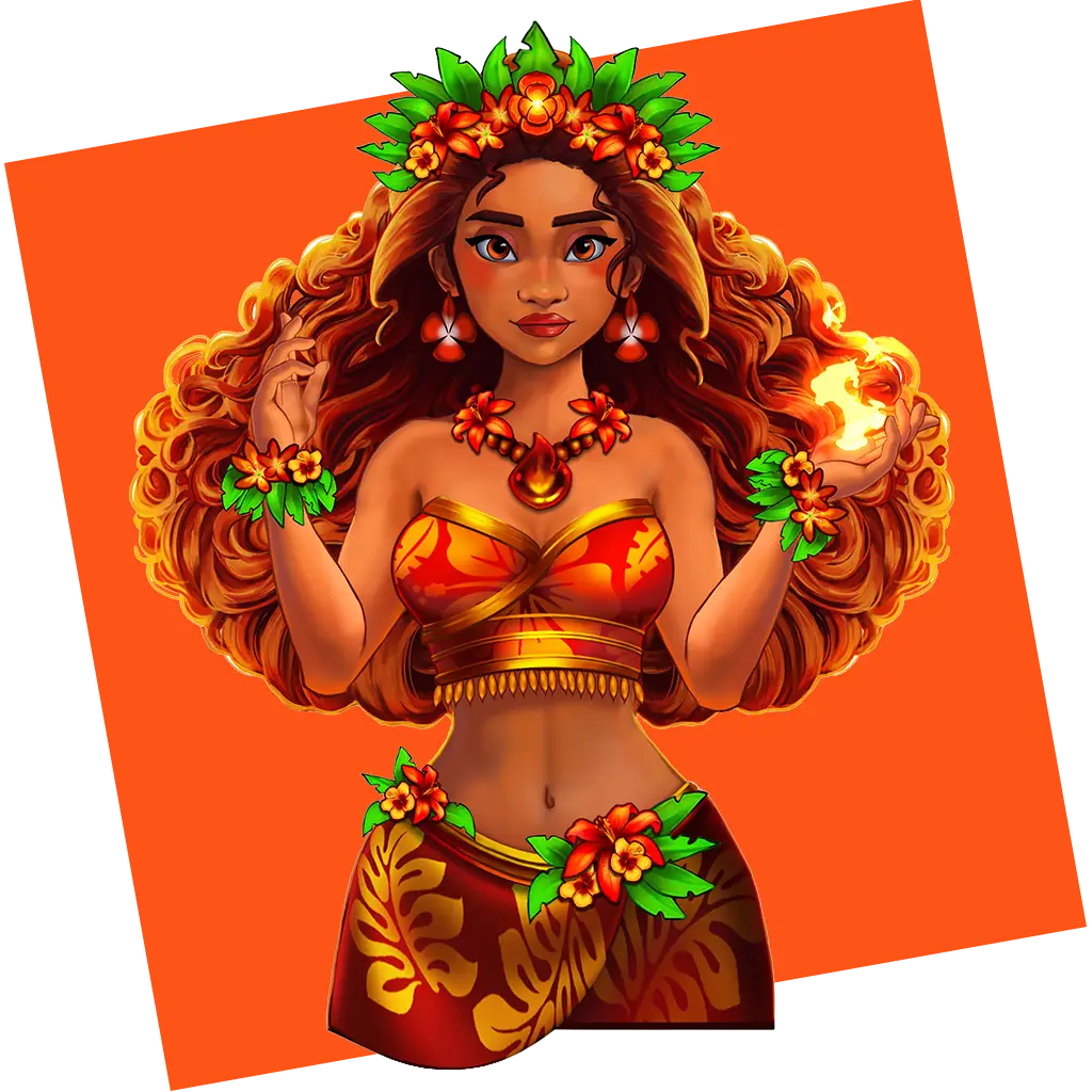 Animated woman with long wavy hair, wearing a leafy crown, red and gold outfit reminiscent of Lava Lock motifs, and floral accessories stands confidently against an orange background, holding a glowing orb in one hand.