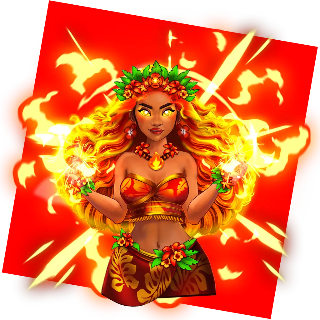 A woman with glowing eyes, fiery hair, and floral accessories stands with flames swirling around her hands, as if commanding the power of a Lava Lock. She wears a red outfit with gold patterns and flowers, set against a bright, fiery red background.