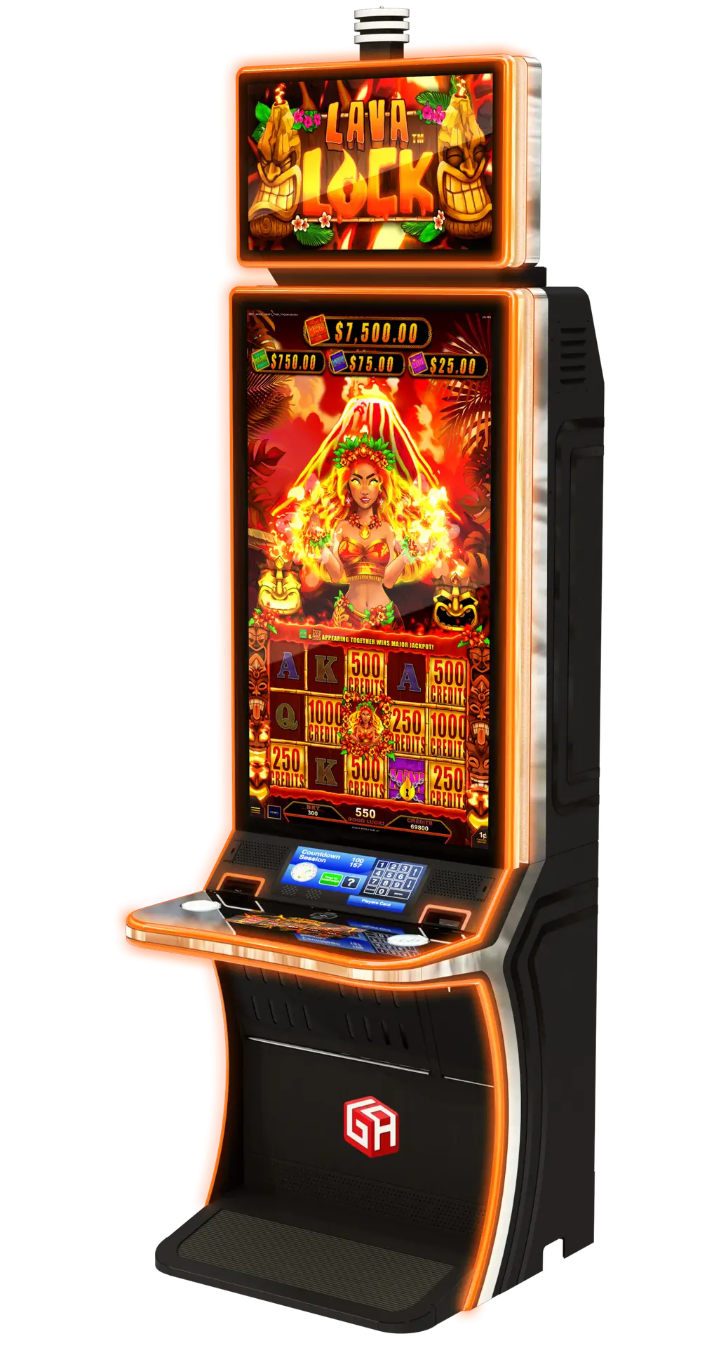 A tall, brightly lit slot machine displays a fiery Lava Lock theme with an illustrated woman, volcanoes, and lava on its screen. The machine features vibrant red and orange colors and a digital control panel.