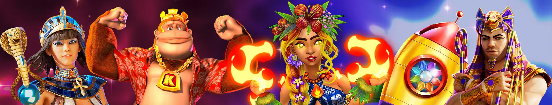 Four colorful animated characters, including an Egyptian queen, a strong man, a flower-crowned woman, and an Egyptian pharaoh, stand against a vibrant, glowing background with a large slot machine—capturing the excitement and adventure of casino slot games.
