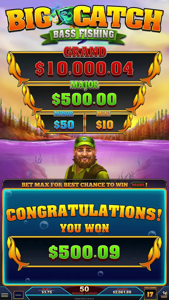 A colorful fishing game screen shows a Congratulations! message, with $500.09 won. Prize tiers and a cheerful fisherman character are displayed, along with game details and lake background.