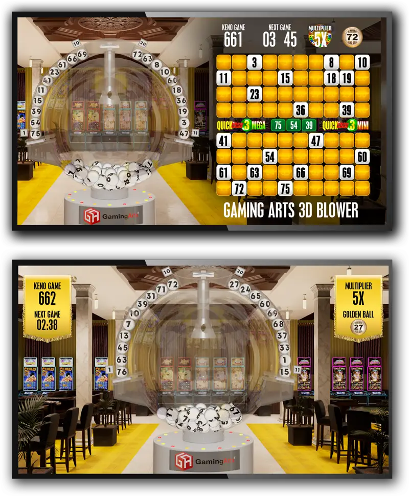 Two images of a Keno game display with a 3D lottery ball blower in an elegant casino room. Screens show game stats, drawn numbers, and a multiplier. Rows of slot machines are visible in the background.