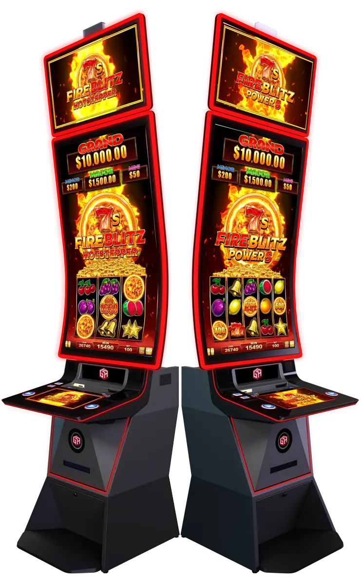 Two casino slot machines with tall, curved screens display Fire Blitz Power graphics, jackpot amounts, and bright red and yellow colors. The machines have illuminated side panels and touchscreen controls.