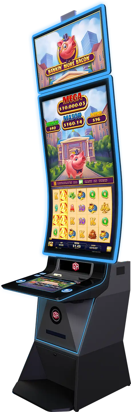 A curved slot machine displaying a piggy bank theme with colorful symbols, a touchscreen, and jackpot amounts. The screen features a pink pig and the text “Bankin’ More Bacon.”.