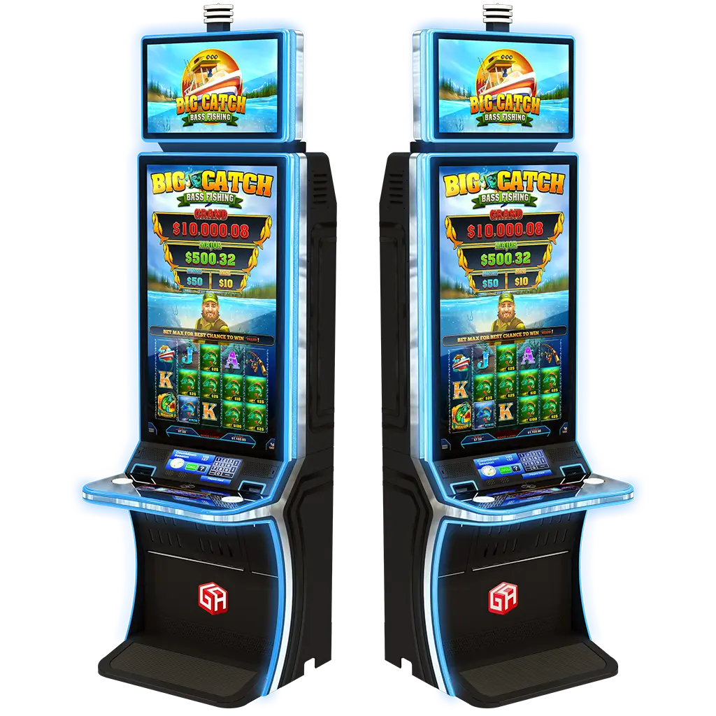Two upright slot machines with bright screens display Big Catch Bass Fishing themes, including jackpot amounts and colorful game icons. The machines feature blue lighting accents and stand side by side on black bases.