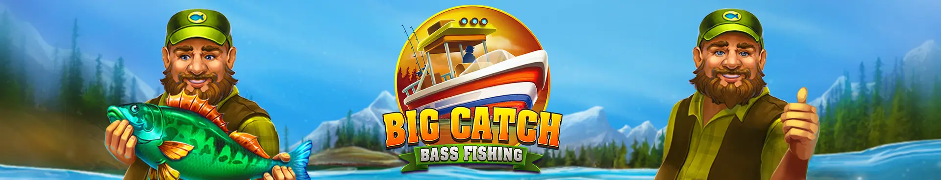 A cheerful cartoon fisherman holding a colorful fish stands by a river, with the “Big Catch Bass Fishing” logo and a boat featured prominently in the center, surrounded by scenic mountains and lush trees in the background.
