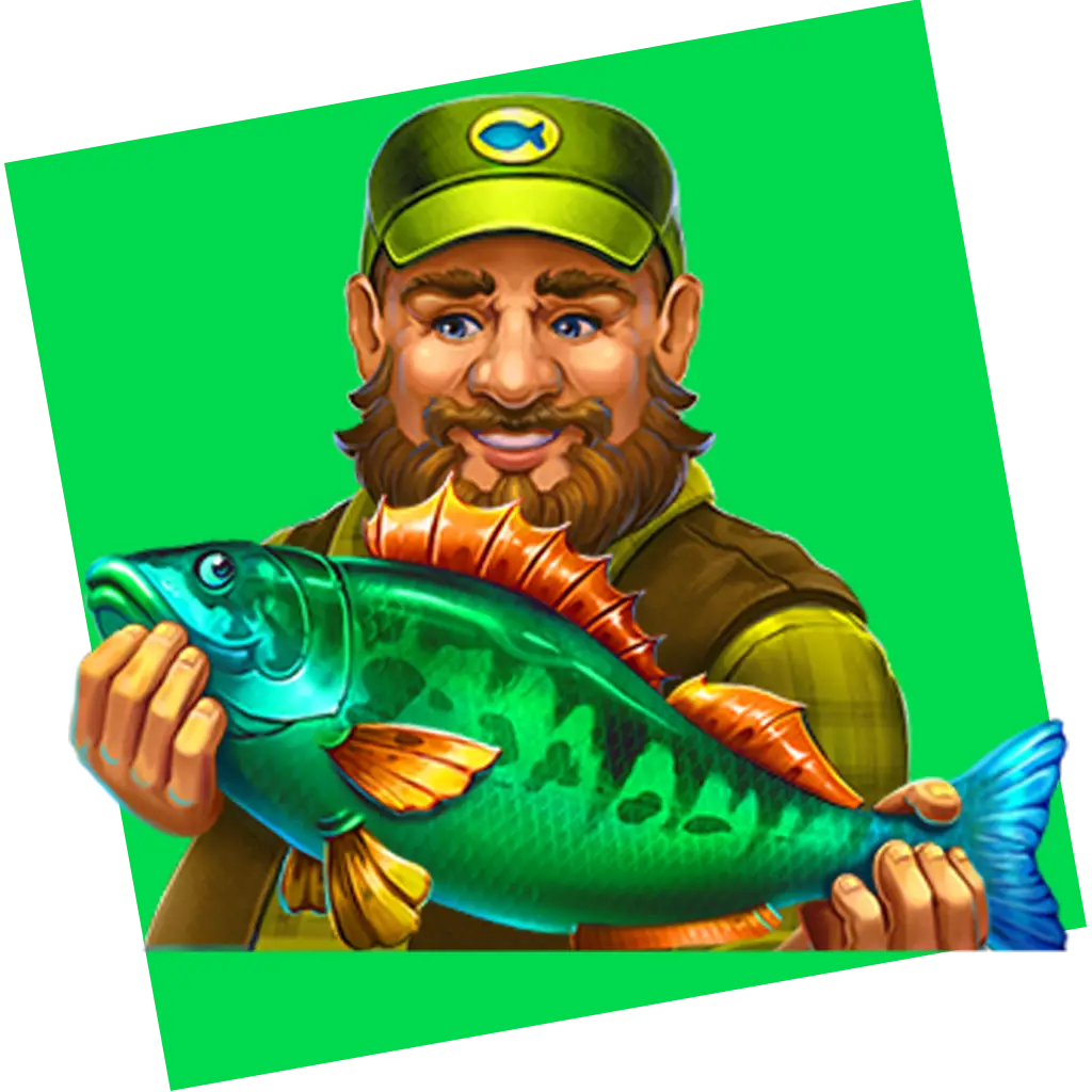 Cartoon fisherman with a brown beard and green hat smiles while holding his big catch—a large green fish with orange fins—against a bright green background, capturing the excitement of Big Catch Bass Fishing.