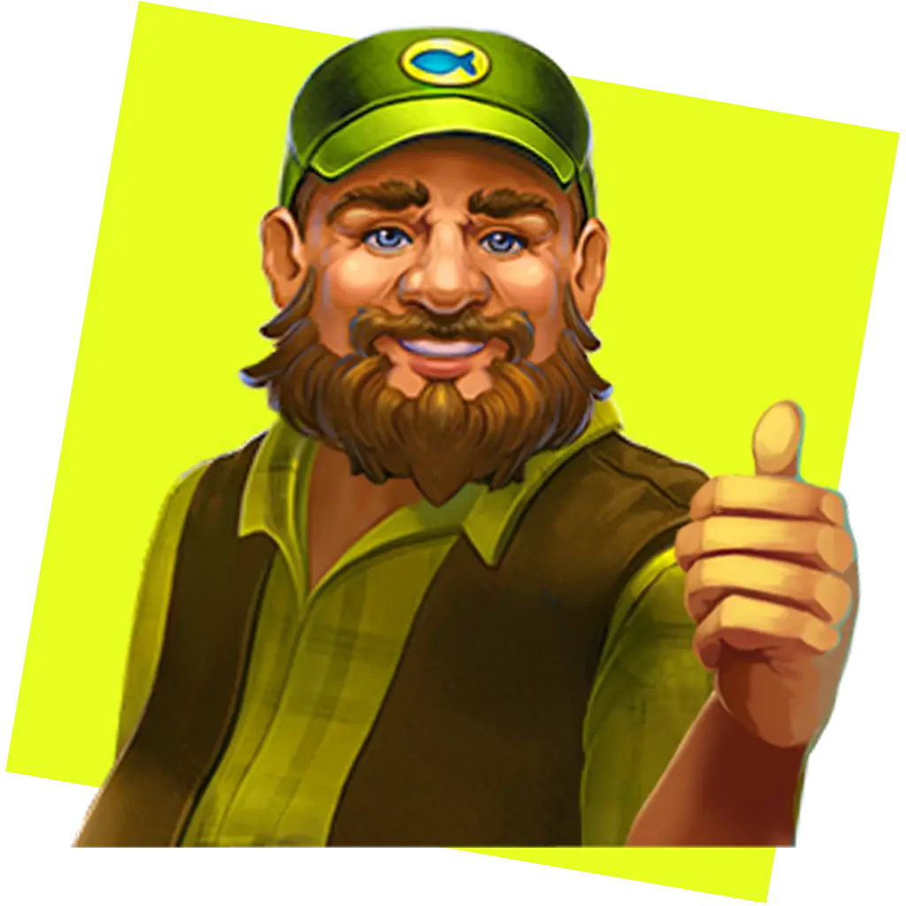 Cartoon fisherman with a brown beard, green cap with a Big Catch Bass Fishing logo, and green shirt gives a thumbs-up against a bright yellow background.