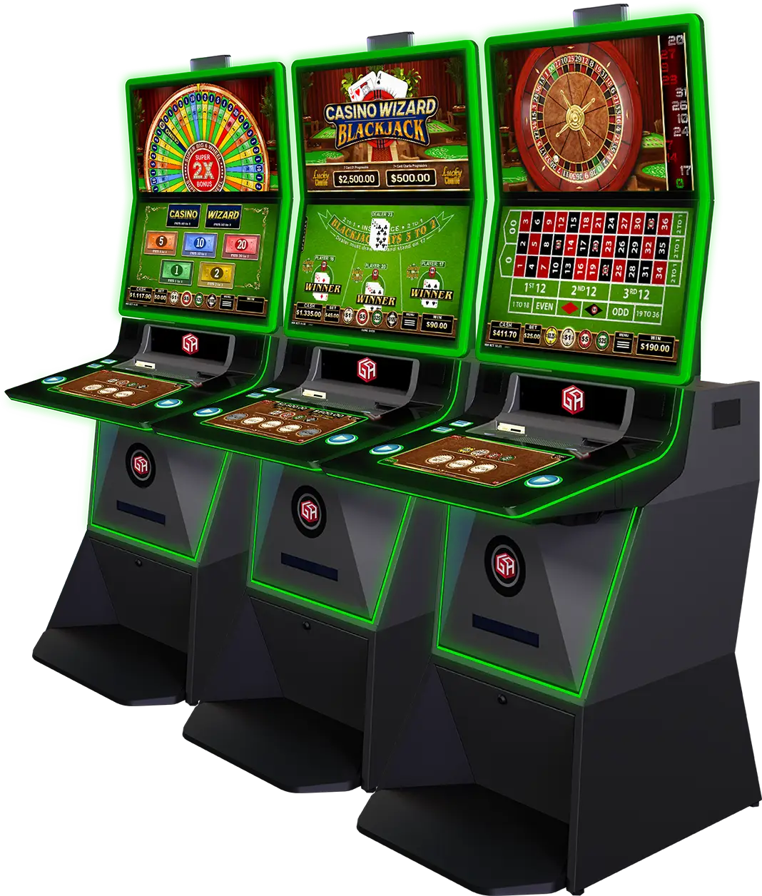 Three Casino Wizard electronic table game machines with bright displays show a fortune wheel, blackjack game, and roulette table, each outlined with green neon lights. The machines have digital controls and black bases.