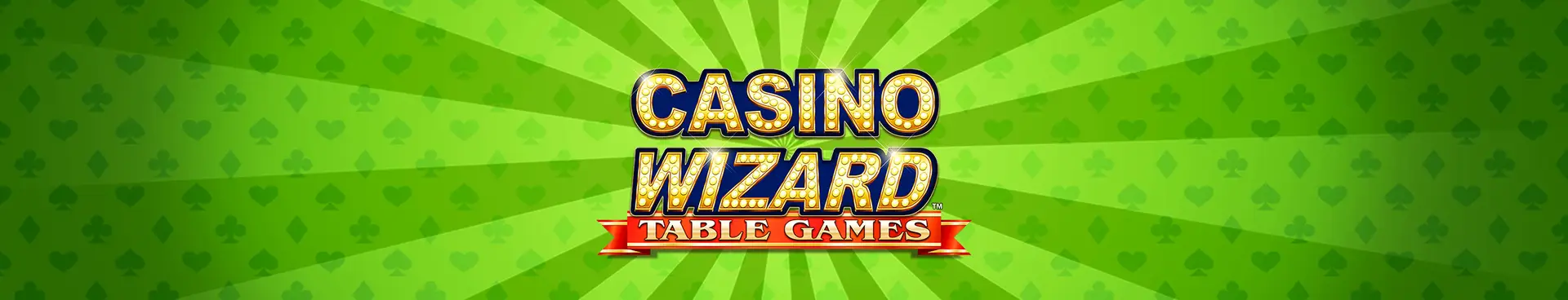 Casino Wizard electronic table games text in bold, glowing letters on a bright green background with a radial burst and subtle card suit patterns.