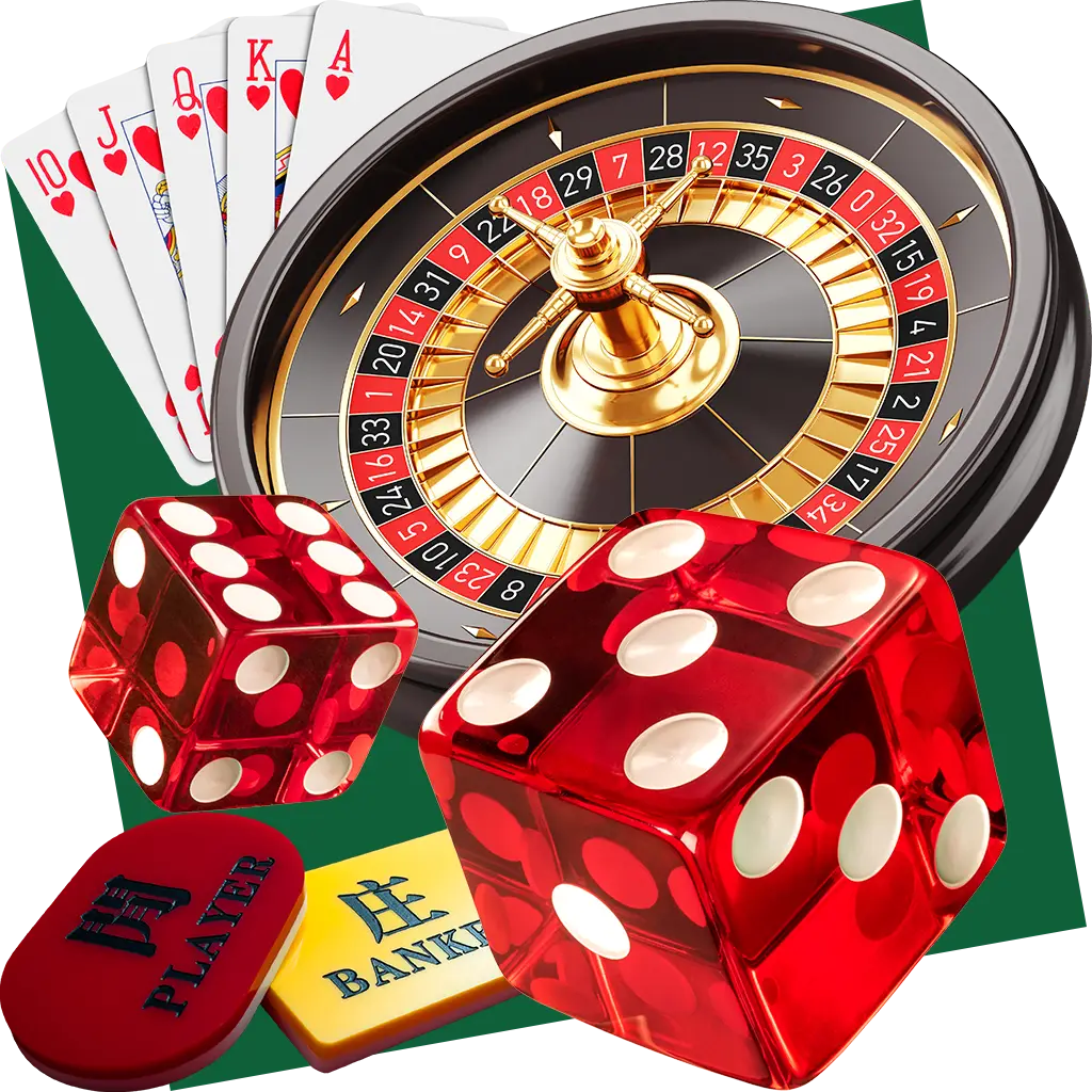 A roulette wheel, playing cards, red dice, and Player and Banker casino chips are arranged on a green surface, symbolizing various casino games and gambling, including modern options like Casino Wizard electronic table games.