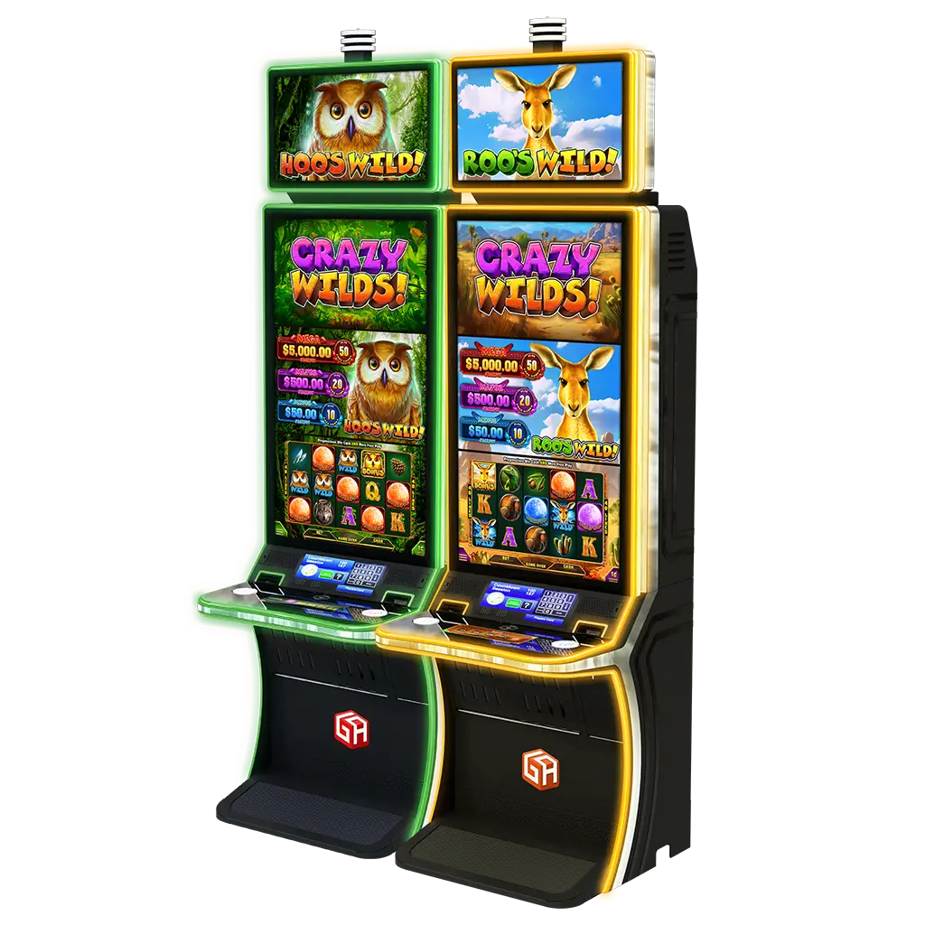 Two casino slot machines stand side by side, one featuring an owl and the other a kangaroo, both with colorful digital displays and illuminated cabinets, inviting players to dive into a world of Crazy Wilds.