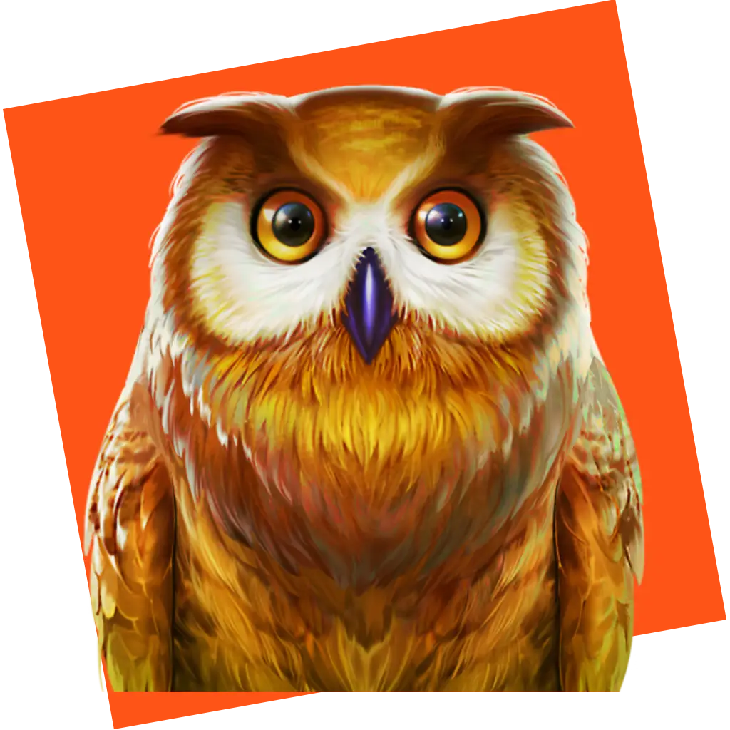 A stylized illustration of a wide-eyed orange and yellow owl with a purple beak, set against a tilted bright orange background, captures the energy of Crazy Wilds.