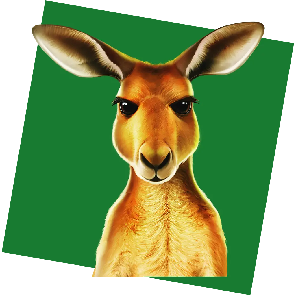 A realistic digital illustration of a kangaroo facing forward with a serious expression, set against a solid green background, capturing the untamed spirit of the Crazy Wilds.
