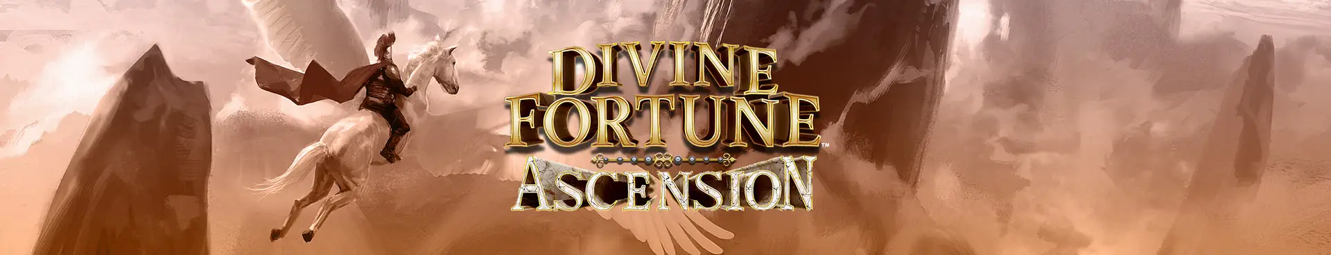 A person riding a winged horse soars past rocky cliffs with the words Divine Fortune Ascension in large gold letters at the center.