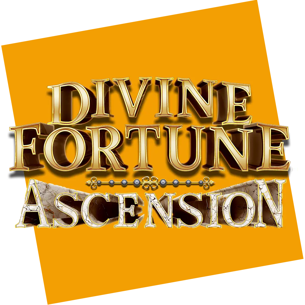 Gold text reading Divine Fortune Ascension is centered on a tilted orange square background. The words have a 3D effect with stone and gold textures.