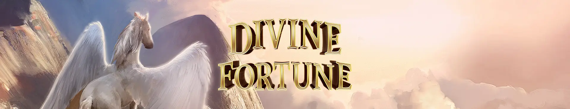 A white winged horse stands next to large golden text reading “DIVINE FORTUNE,” set against a dreamy, pastel-colored sky with clouds and mountains.