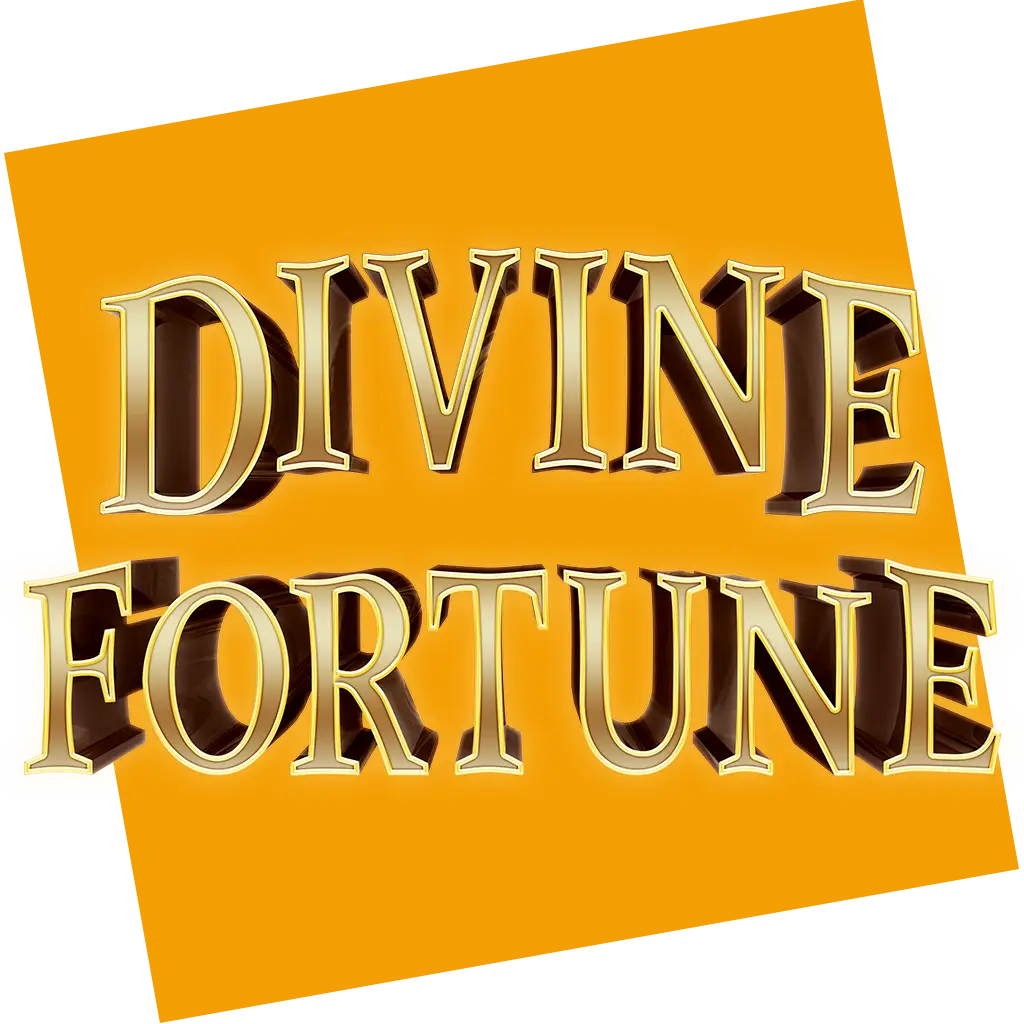 The image shows the words DIVINE FORTUNE in bold, gold, 3D letters on an orange, tilted square background, perfectly capturing the vibrant excitement of Divine Fortune slot games.