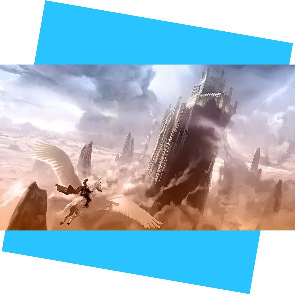 A person rides a white, winged horse toward a tall, dark castle atop a rocky peak, surrounded by misty clouds and jagged rocks under a dramatic sky.