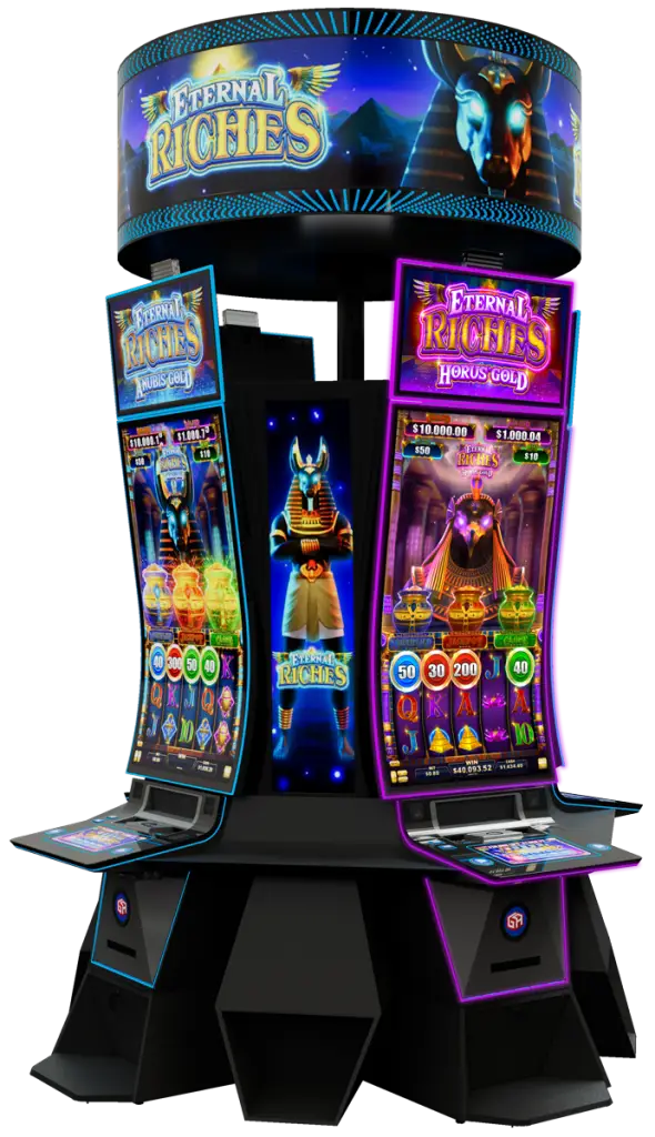 A casino slot machine called Eternal Riches with bright neon lights, ancient Egyptian theme, and digital displays showing game options and graphics of an Egyptian god.