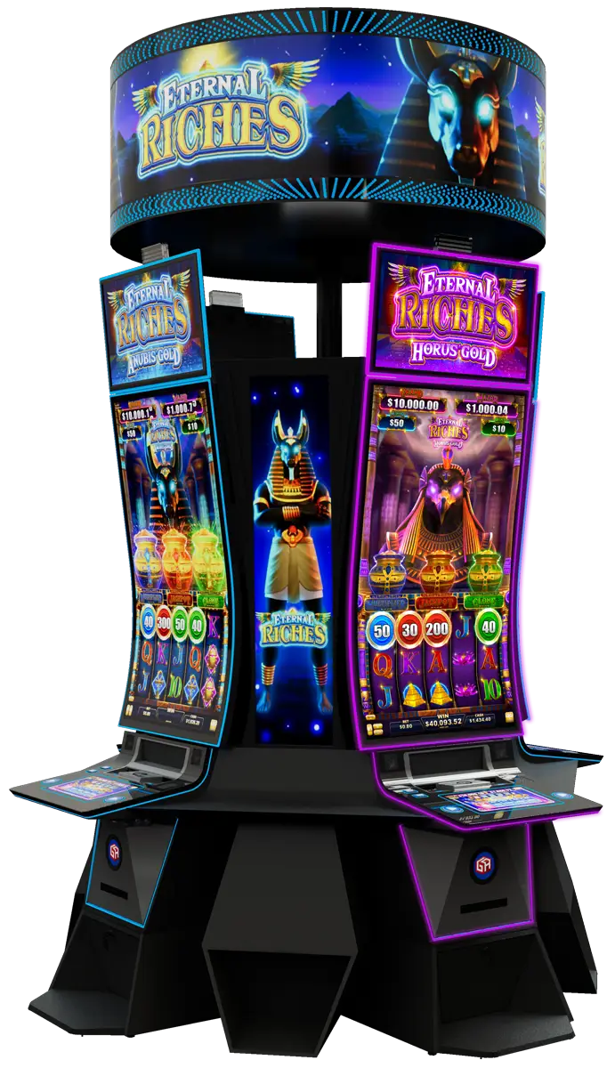 A casino slot machine called Eternal Riches with bright neon lights, ancient Egyptian theme, and digital displays showing game options and graphics of an Egyptian god.