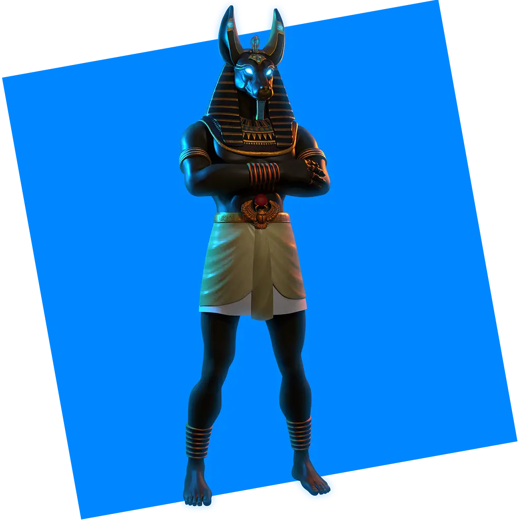 A 3D-rendered figure with an Anubis-style jackal head, Egyptian headdress, crossed arms, gold accessories, and a white kilt stands against a tilted bright blue background.