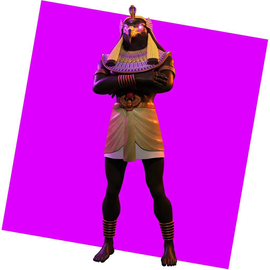 A humanoid figure with a falcon head, glowing eyes, and Egyptian pharaoh attire stands confidently with arms crossed against a tilted bright pink background.