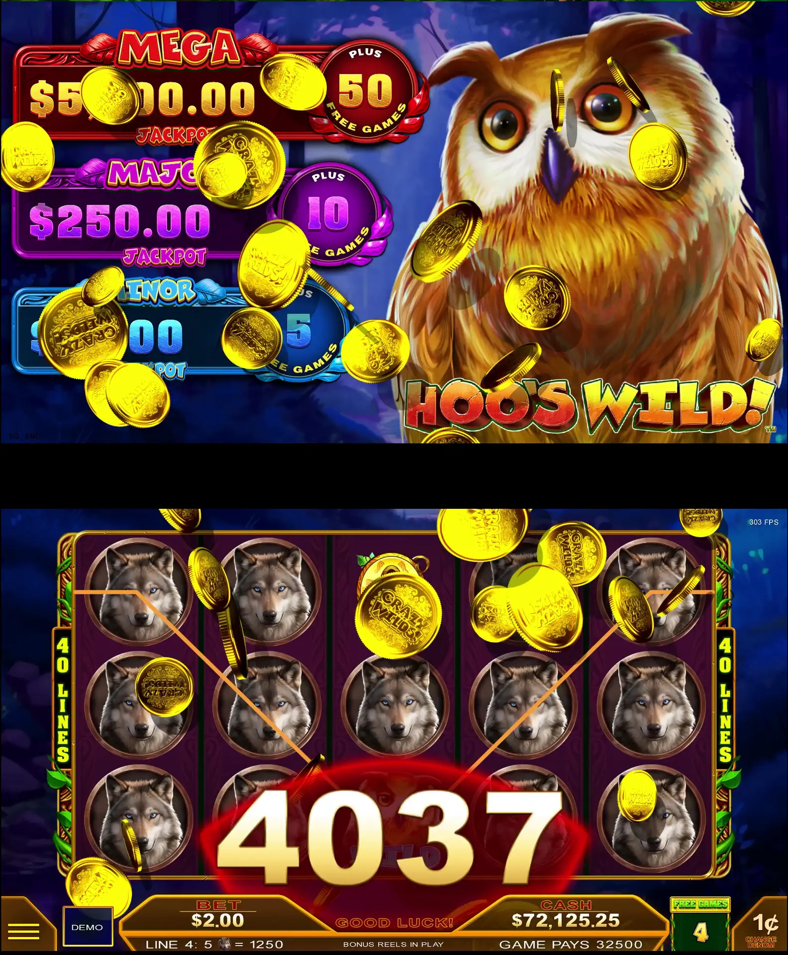 A colorful slot machine game screen with an owl, gold coins, and jackpot values. The bottom shows spinning reels with wolves and the “Crazy Wilds” feature prominently displayed alongside the number 4037 in large text, indicating a win.