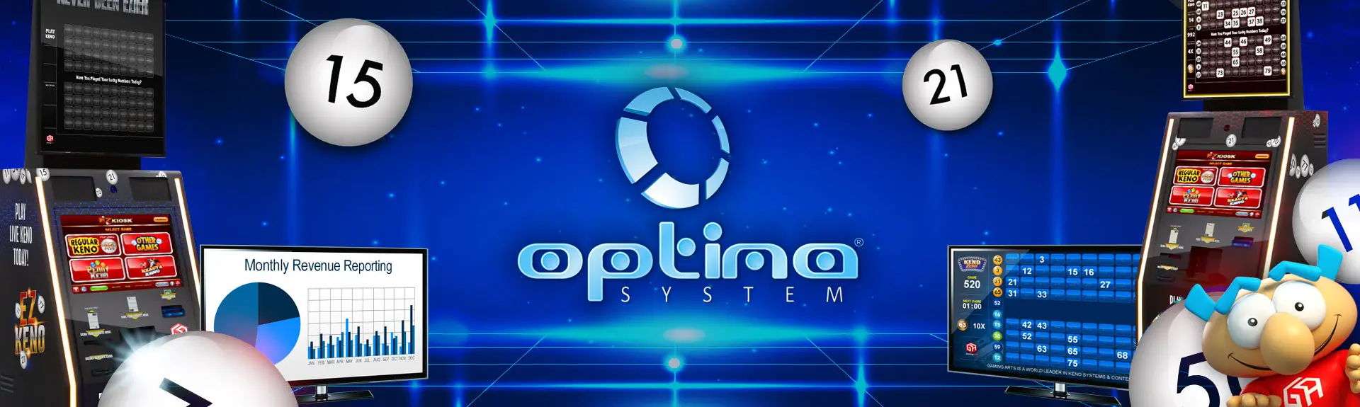 Blue background with Optima System logo in center, lottery balls with numbers, slot machines, computer screens displaying data, and a cartoon character on the right side.