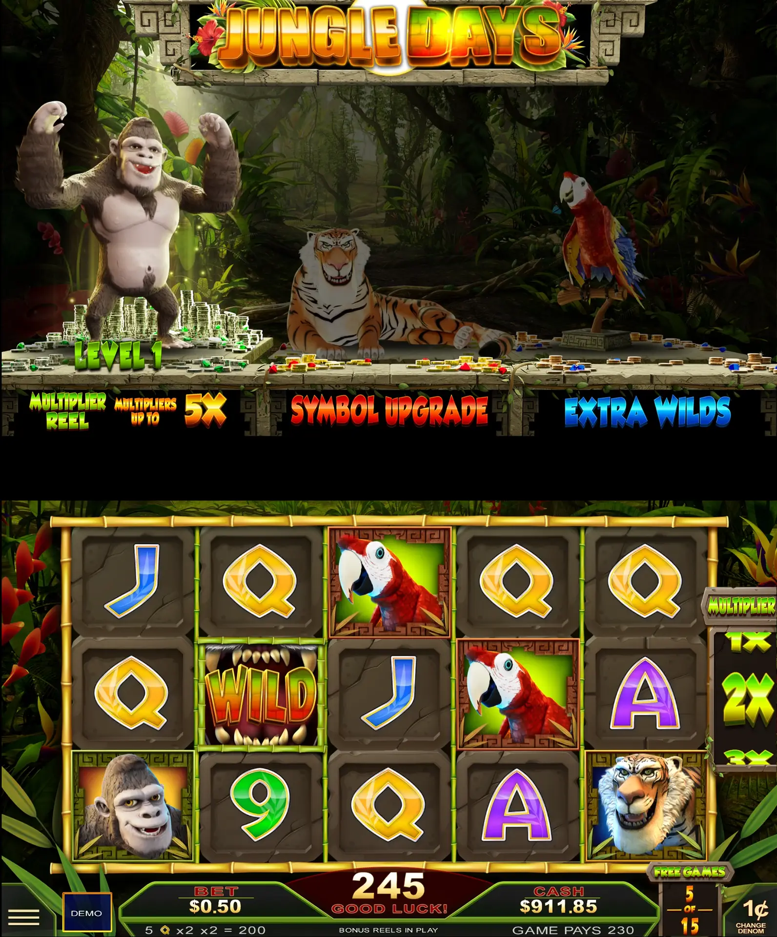 Step into the vibrant world of Jungle Rising, a colorful jungle-themed slot game screen featuring symbols such as a gorilla, tiger, parrot, and classic playing card values. Exciting bonus features and multipliers are displayed at the top, while animated spinning reels bring the lush action to life at the bottom.