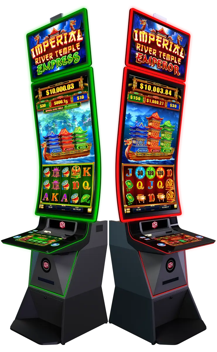 Two brightly-lit casino slot machines, one with a green Empress theme and the other with a red Emperor theme, both displaying vibrant Asian-inspired graphics and various jackpot amounts on their screens.