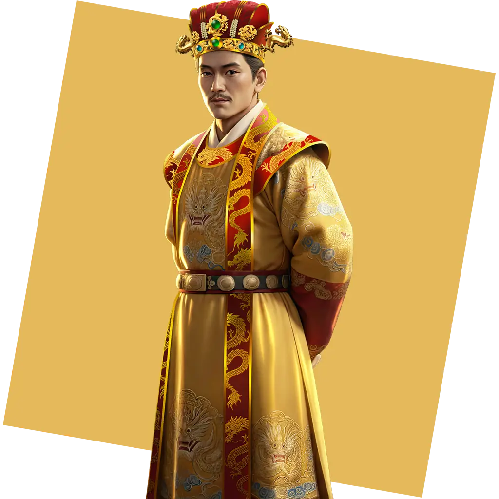 Man in ornate yellow and red traditional royal robe with dragon and tiger designs, wearing a jeweled crown, standing against a gold square background with his hands behind his back.