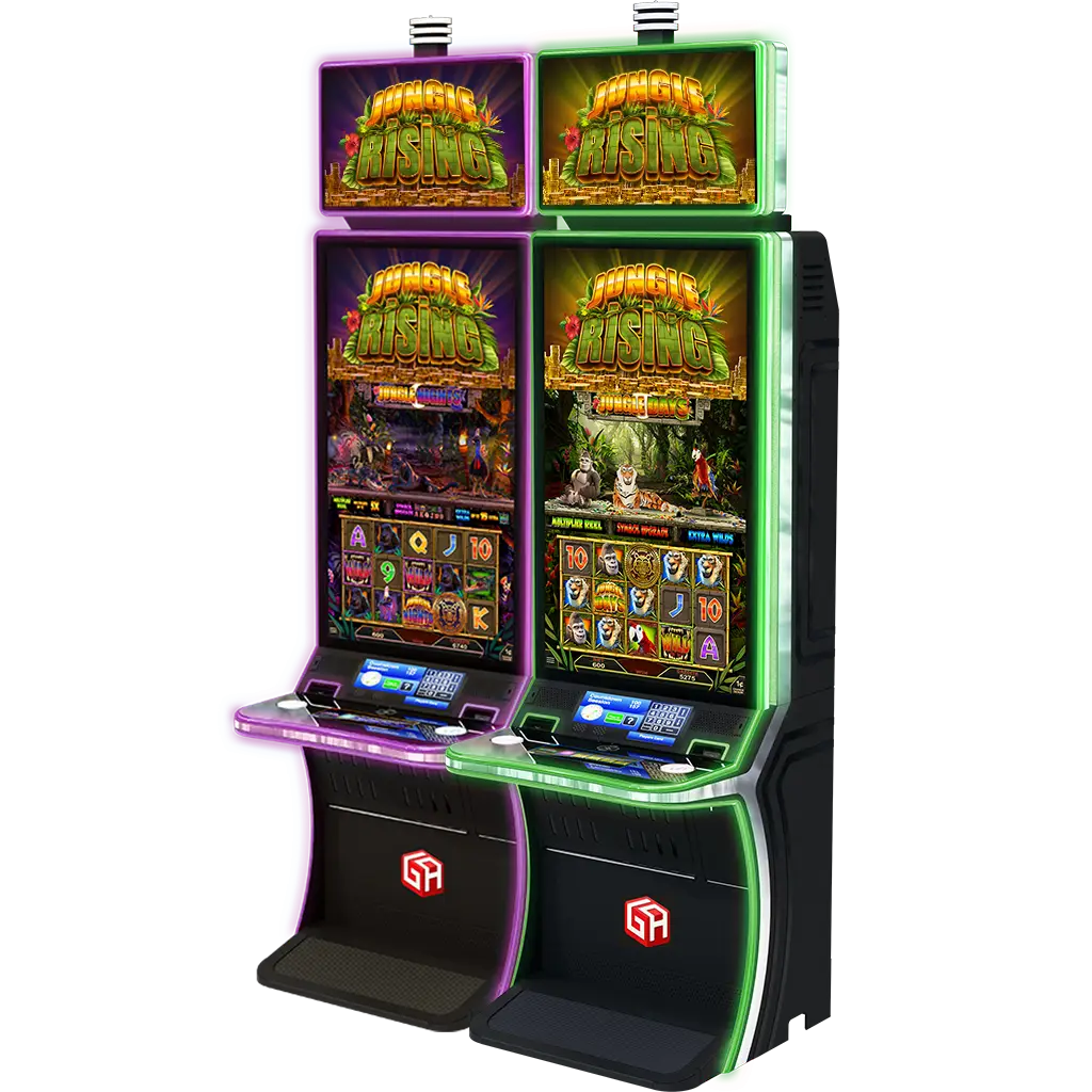Two modern slot machines with colorful displays showing the popular game Jungle Rising, featuring vivid jungle-themed graphics, interactive buttons, and illuminated borders.