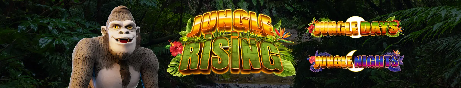 A smiling cartoon gorilla stands by text reading Jungle Rising, with Jungle Days and Jungle Nights written on the right, all set against a lush jungle backdrop that captures the adventurous spirit of Jungle Rising.