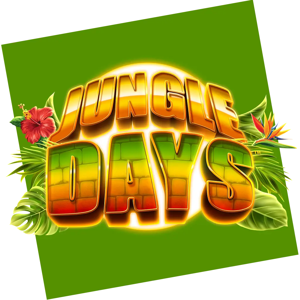 Text Jungle Days in bold, tropical-colored letters with leaves and flowers around, set against a green background to evoke the vibrant spirit of Jungle Rising.