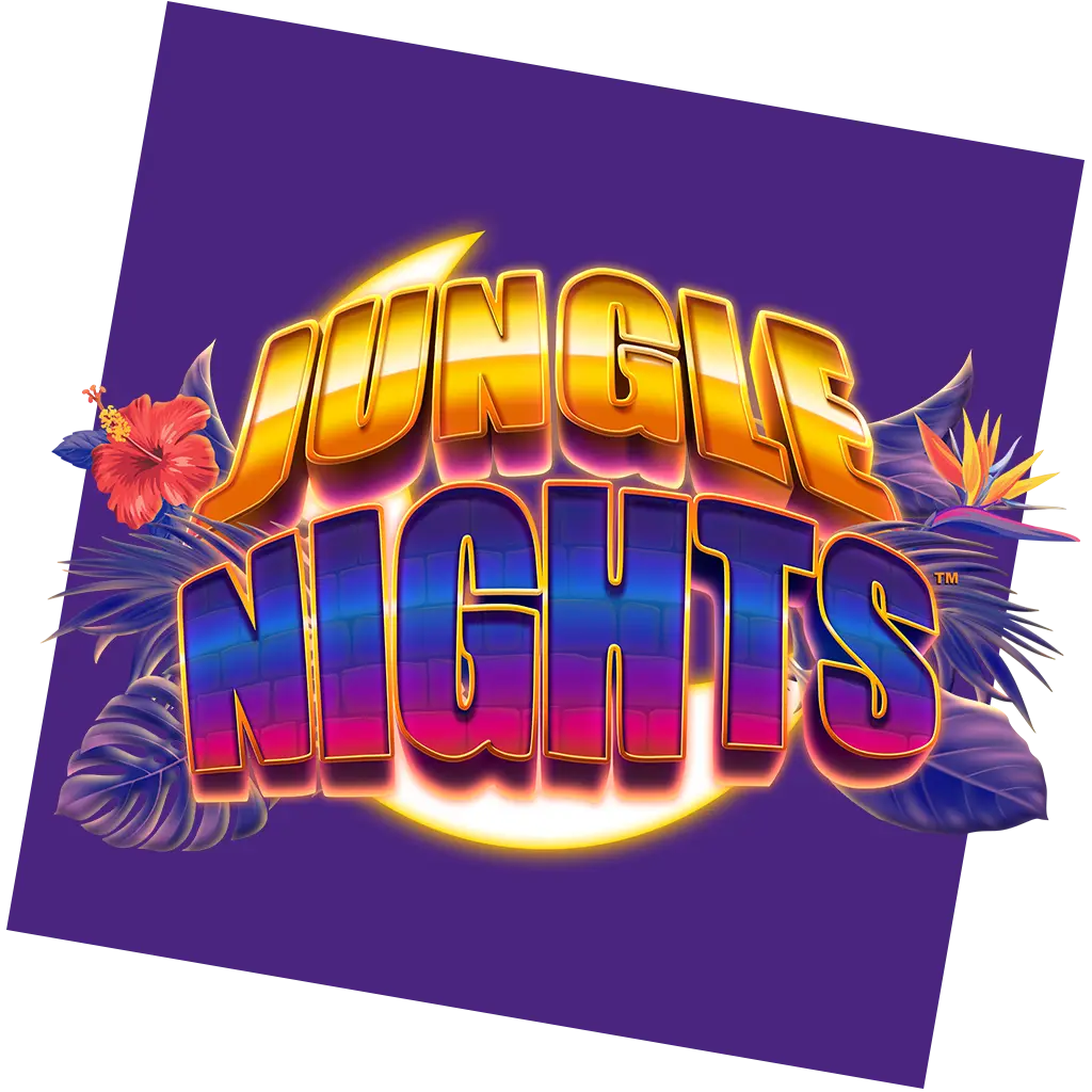 Logo with the words Jungle Nights in bold, tropical-themed letters, surrounded by colorful leaves and flowers on a purple background, capturing the vibrant energy of a Jungle Rising celebration.