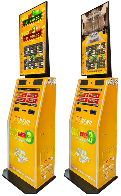 Two bright yellow EZKeno Quick Cash 3 Keno lottery kiosks with touchscreens, number keypads, bill acceptors, and large display monitors showing jackpots and vivid keno game graphics.