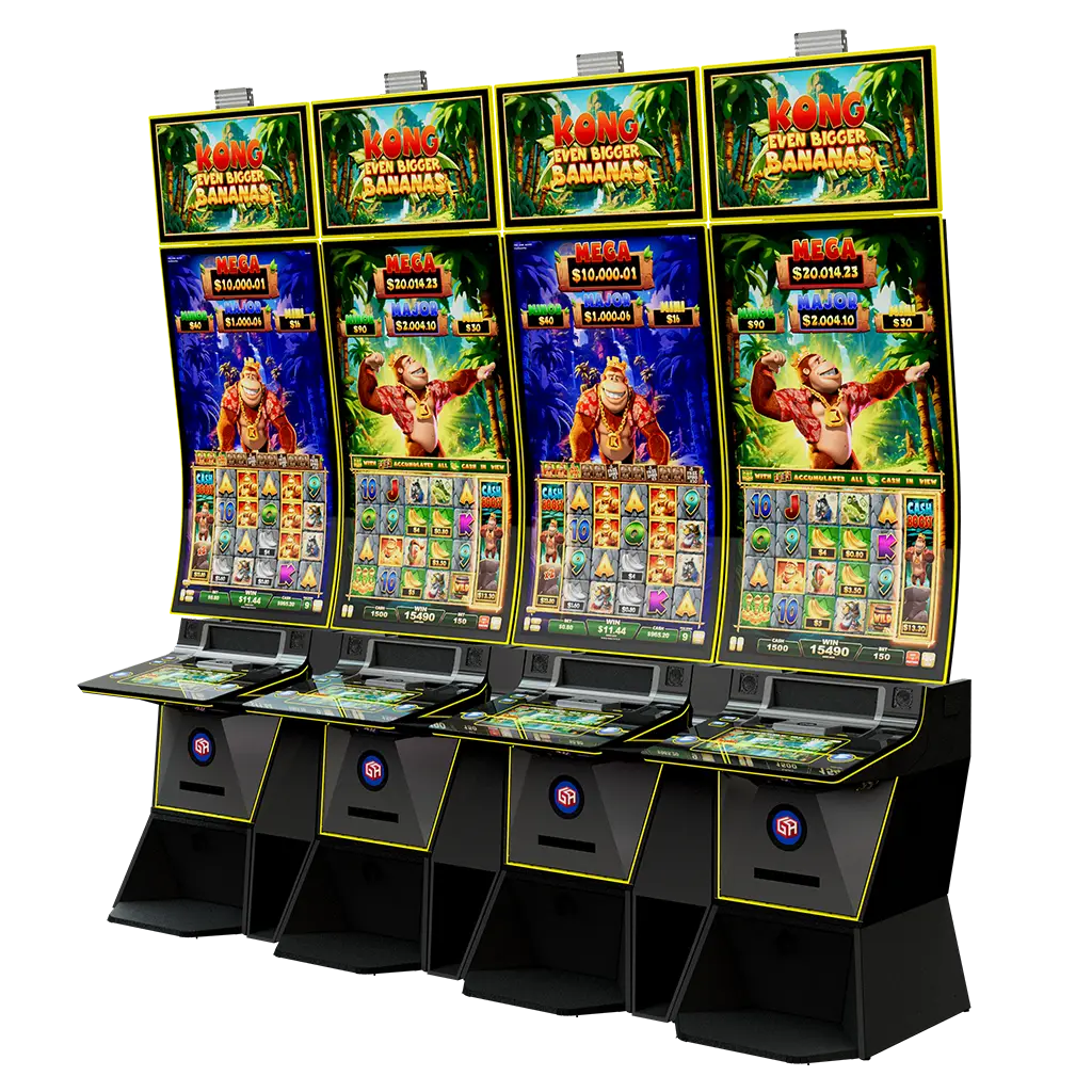Four adjacent slot machines display the Kong Even Bigger Bananas game with vibrant jungle graphics, featuring a large gorilla and bright, colorful screens. Each Kong Even Bigger Bananas machine offers user-friendly controls and a comfortable seat in front.