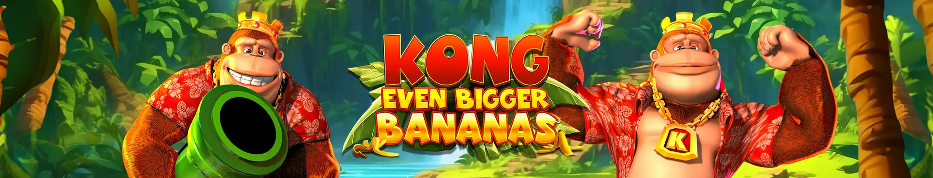 Cartoon gorilla wearing a crown and red shirt poses by a jungle river, flexing and smiling. Bold text reads "Kong Even Bigger Bananas" in the center, capturing the playful spirit of this mighty jungle king.
